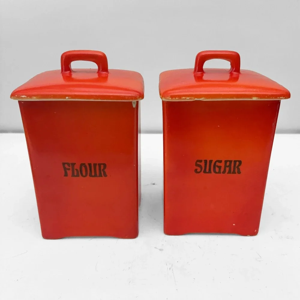 VTG Flour Sugar Orange Ceramic Canister Set MCM Retro Czechoslovakia